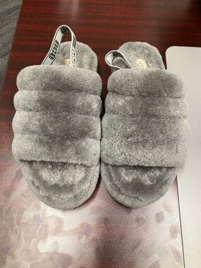 UGG Women Fluff Yeah Slides charcoal grey slipper shoe open toe logo ankle strap